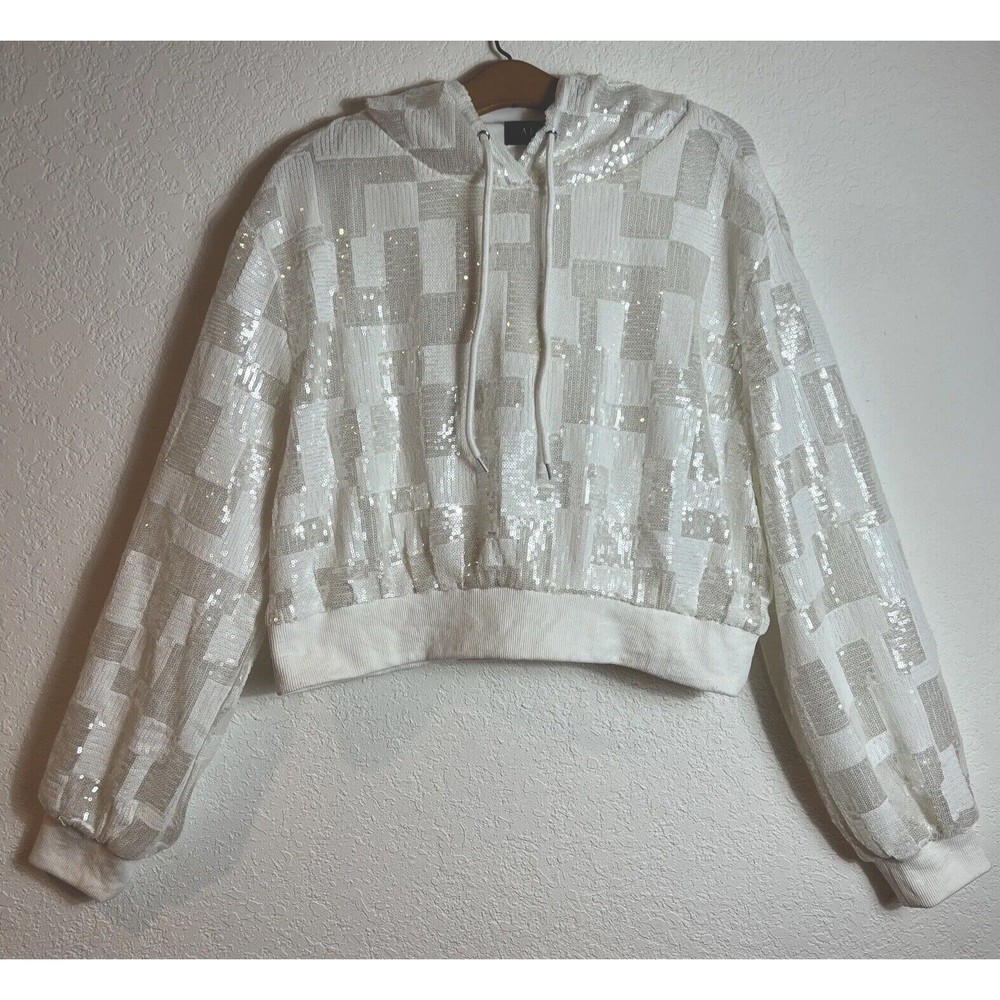 Akira Sequin Cropped White Silver Hooded Pullover Jacket S Small